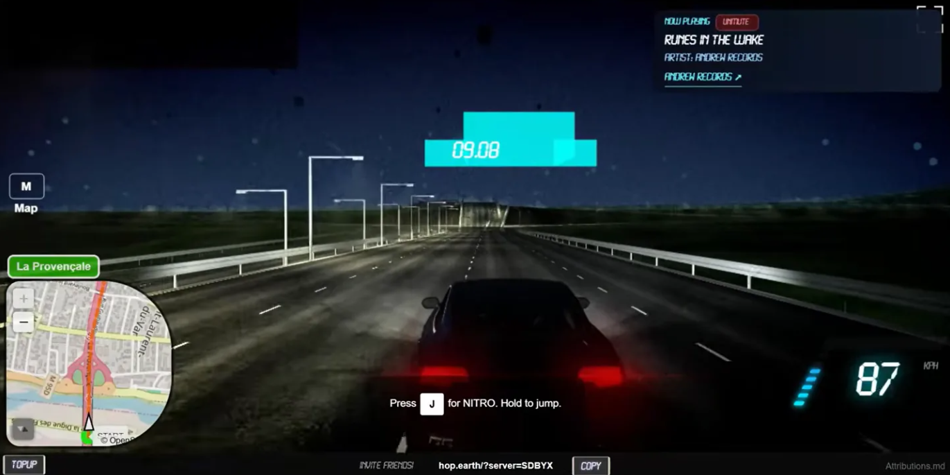 Hop Earth driving through a generated real-world road scene